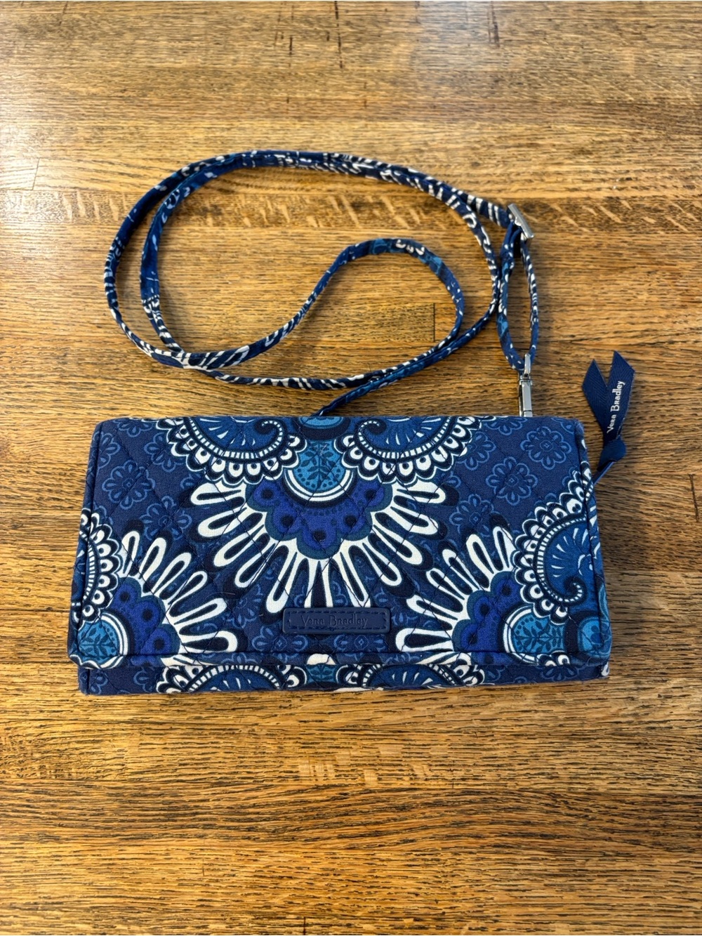 Vera Bradley Navy and White Floral Quilted Crossbody Wallet w/ Magnetic Closure